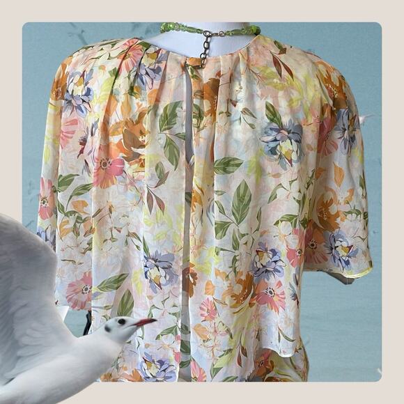 ZARA Floral Cape Blouse Top Womens Small Yellow Peach Short Sleeve Chiffon Sheer - Picture 10 of 13